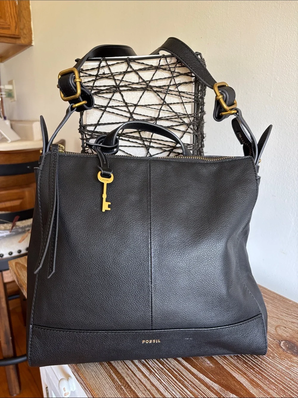 Black Leather Convertible Shoulder/Backpack with Key Charm